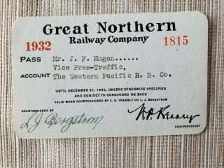 Vintage 1932 Great Northern Railway Company Pass