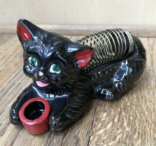 Vintage 1950s Black Cat Redware Kitty Ceramic Letter Holder Japan Inkwell Office