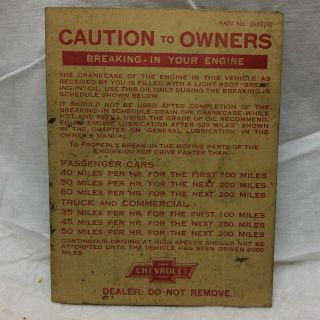Vtg Car Instructions Card Chevrolet Tire Inflated To Pressure Breaking In Engine