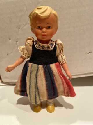 Vintage West Germany Wind Up Dancing Twirling Doll With Key Celluloid Face 6.  25”