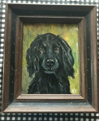 Vintage Black Spaniel Dog Painting Antique Framed Folk Art