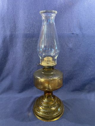 Vintage Oil Lamp Amber Glass Base And Clear Chimney
