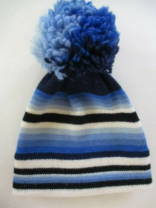 Vintage Aris York 100 Wool Ski Beanie Hat Blue/white Stripe With Pompom Usa
