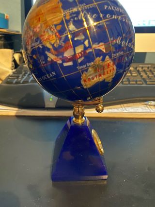 9 " Semi - Precious Gemstone Rotating World Globe With Clock Desktop