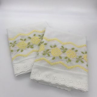 Vintage Pair Pillowcases Hand Embroidered Flowers Yellow Green With Eyelet Trim