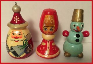 Set Of 3: Vintage Wooden Russian Dolls Christmas Ornaments Hand Painted