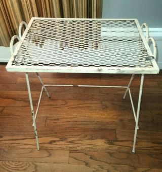 Vintage Wrought Iron Mesh Metal Patio Accent Table Plant Stand White Mid - Century