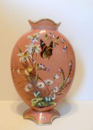 Antique Bohemian Czech Harach Flowers Butterfly Opaline Glass Vase 11 3/8 "