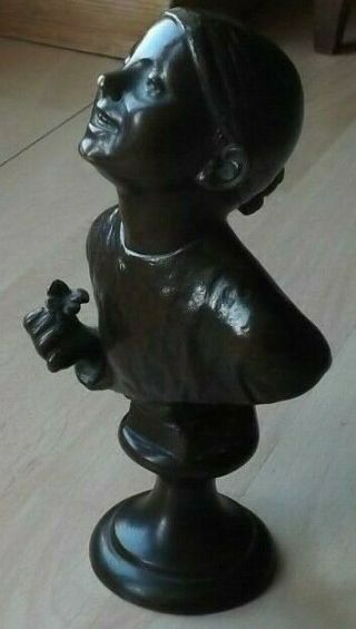 Vintage Bronze Victorian Bust Of A Smiling Girl Holding A Flower