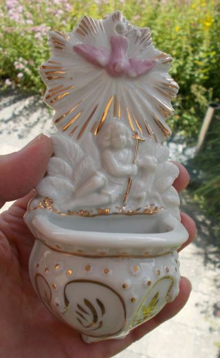 Antique French Holy Water Font Vessel Bisque Porcelain Lamb Of God Holy Spirit