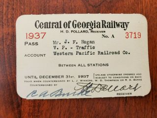 Vintage 1937 Central Of Georgia Railway Company Pass