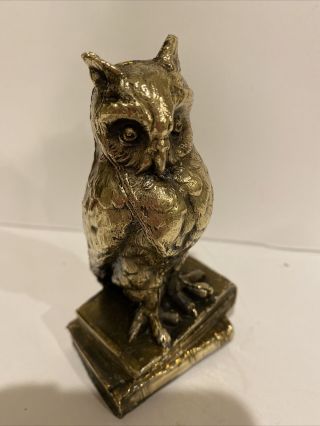 Vintage Brass Owl Paperweight Perched On Books Scholar Gift Home Décor Statue