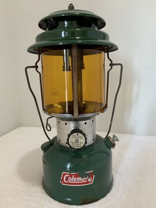 Vintage Coleman 220f White Gas Lantern Made In Usa With Rare Amber Lens