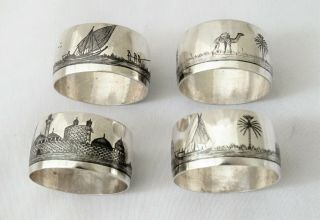 Set Of Four Marsh Arab Silver Napkin Rings - Niello