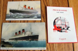 1951 Vintage Cunard Rms Queen Mary Programme Log Abstract,  Ship Postcard
