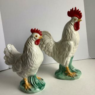 Pair Vintage Lefton Chickens (rooster Hen) Figurines 2396 White Farmhouse Japan