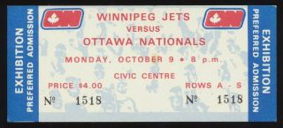 1972 Oct 9 Ticket Stub Ottawa Nationals Vs Winnipeg Jets Wha Exhibition Hockey
