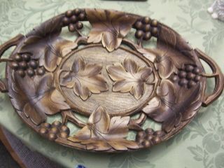 Antique Black Forest Grapes & Leaves Hand Carved Wooden Tray W Handles 15x10 "