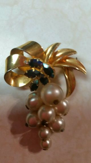 Vintage Brooch With Faux Pearl Grape Cluster And Teal Stones