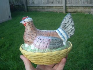 Antique 19thc Staffordshire Chicken Hen On Nest Basket Egg Holder C1860.