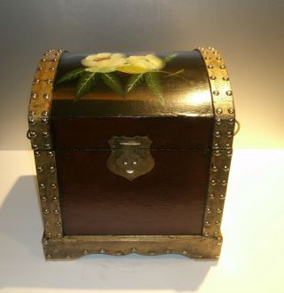 Vtg Wood Dome Top Treasure Chest Trunk,  Handpainted Flowers Decorated Box 13 " T