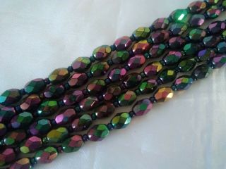 Vintage Black Ab Rainbow Scarab Glass Bead Flapper Length Necklace 50 " Long