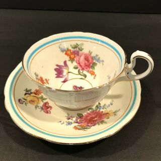 Vintage Aynsley Floral Teacup Saucer Turquoise Aqua Band Claridge 7522 Tea Cup