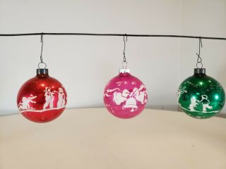 3 Vintage Shiny Brite Christmas Tree Ornaments Children Playing Stenciled Bell