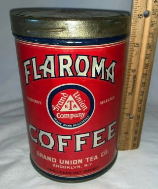 Antique Flaroma Coffee Tin Litho 1 Tall Can Grand Union Tea Brooklyn Ny Grocery