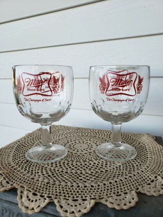 Set Of 2 Vintage Miller High Life Beer Goblet Stem Thumbprint Glass 6 " Tall 16oz