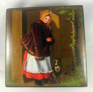 Antique Russian Imperial Era Lacquer Box Young Peasant Girl W/ Dog Artist Signed
