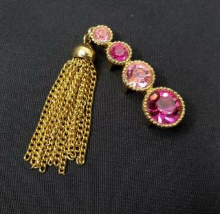 Vintage Pink Rhinestone Tassel Brooch Gold Tone Chain Sarah Coventry Signed