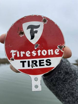 Old Vintage Porcelain Firestone Tires License Plate Topper Sign Advertising