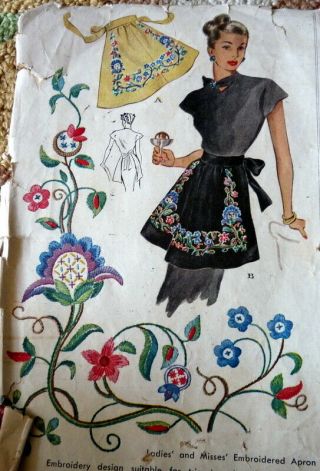 Lovely Vtg 1940s Embroidered Apron Mccall Sewing Pattern