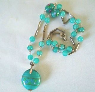 Vintage Art Deco Style Murano Turquoise Blue Glass Bead Necklace