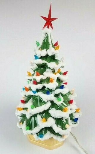 Vintage 13.  5 " Holland Mold Green Ceramic Christmas Tree With Heavy Snow Flocking