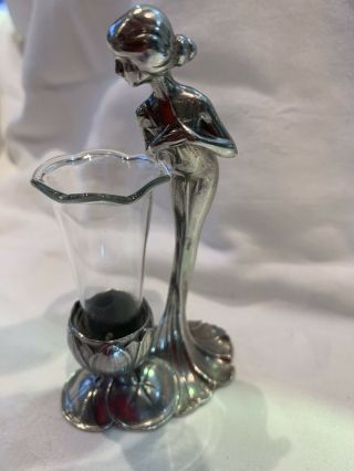 Wmf,  Art Nouveau,  White Metal (alpacca) Figurine W/ Fluted Glass Bud Vase C1903.
