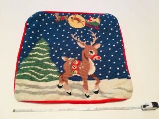 Vintage Needlepoint Reindeer Red Velvet Pillow Bm Jabara Wool Christmas
