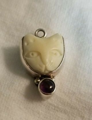 Vintage Sterling Silver Cat Face With Amethyst Accent Charm