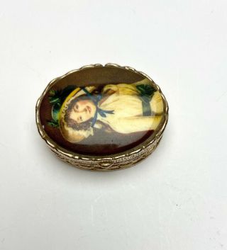 Vintage Victorian Lady With Hat Blue Cream Brown Gold Tone Pill Trinket Box 2