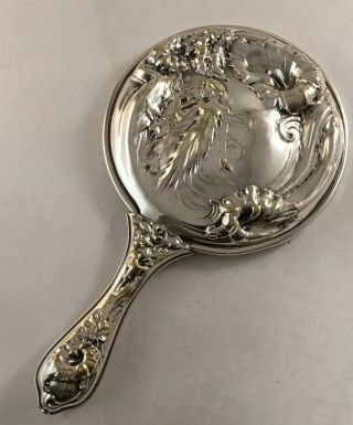 Antique Art Nouveau Silver Plate Dresser Hand Mirror Embossed Female Figure