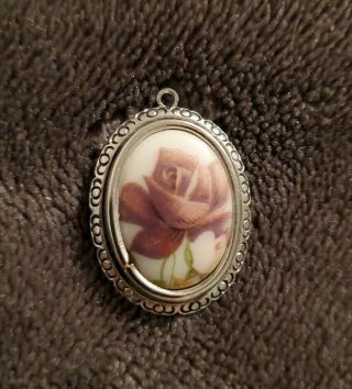 Vintage Silvertone Thomas L Mott Pendant Porcelain Small Quaint Rose Flower