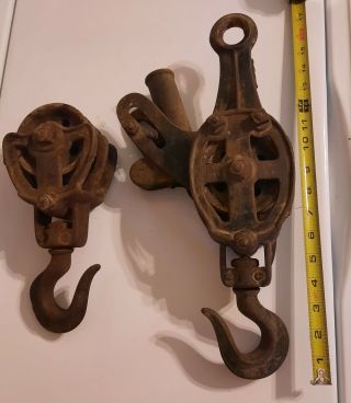 Large Antique Cast Iron Double Pulley Block And Tackle Farm Barn Hoist Rope Lock