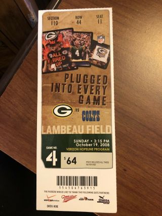 Aaron Rodgers Vs Peyton Manning/1st Meet/2008 Full Ticket Stub/colts@g.  B.  Packers