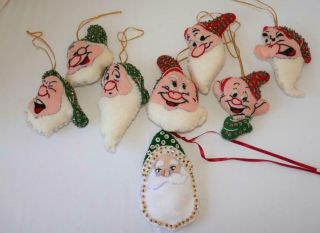 8 Vintage Handmade Felt Embroidery Sequin 7 Dwarf Santa Christmas Tree Ornaments