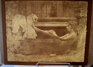 Vintage R.  Hendrickson Sepia Print Boudoir Nude Pretty Lady Bathing In A Hot Tin