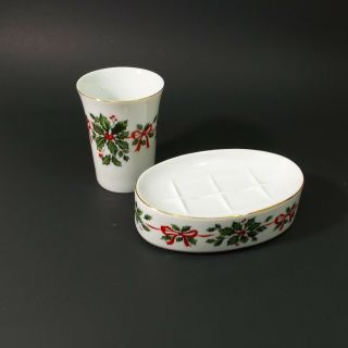 Vintage Christmas Soap Dish & Tumbler Hollyberry Bathroom Glass Set Porcelain