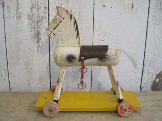 Vintage Primitive Paint Wood Pull Toy Horse With Wood Wheels