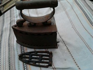 PRIMITIVE OLD ANTIQUE CLOTHES IRON COAL HAND FORGED w WOODEN HANDLE 19th 2
