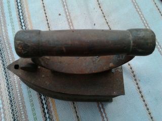 PRIMITIVE OLD ANTIQUE CLOTHES IRON COAL HAND FORGED w WOODEN HANDLE 19th 3